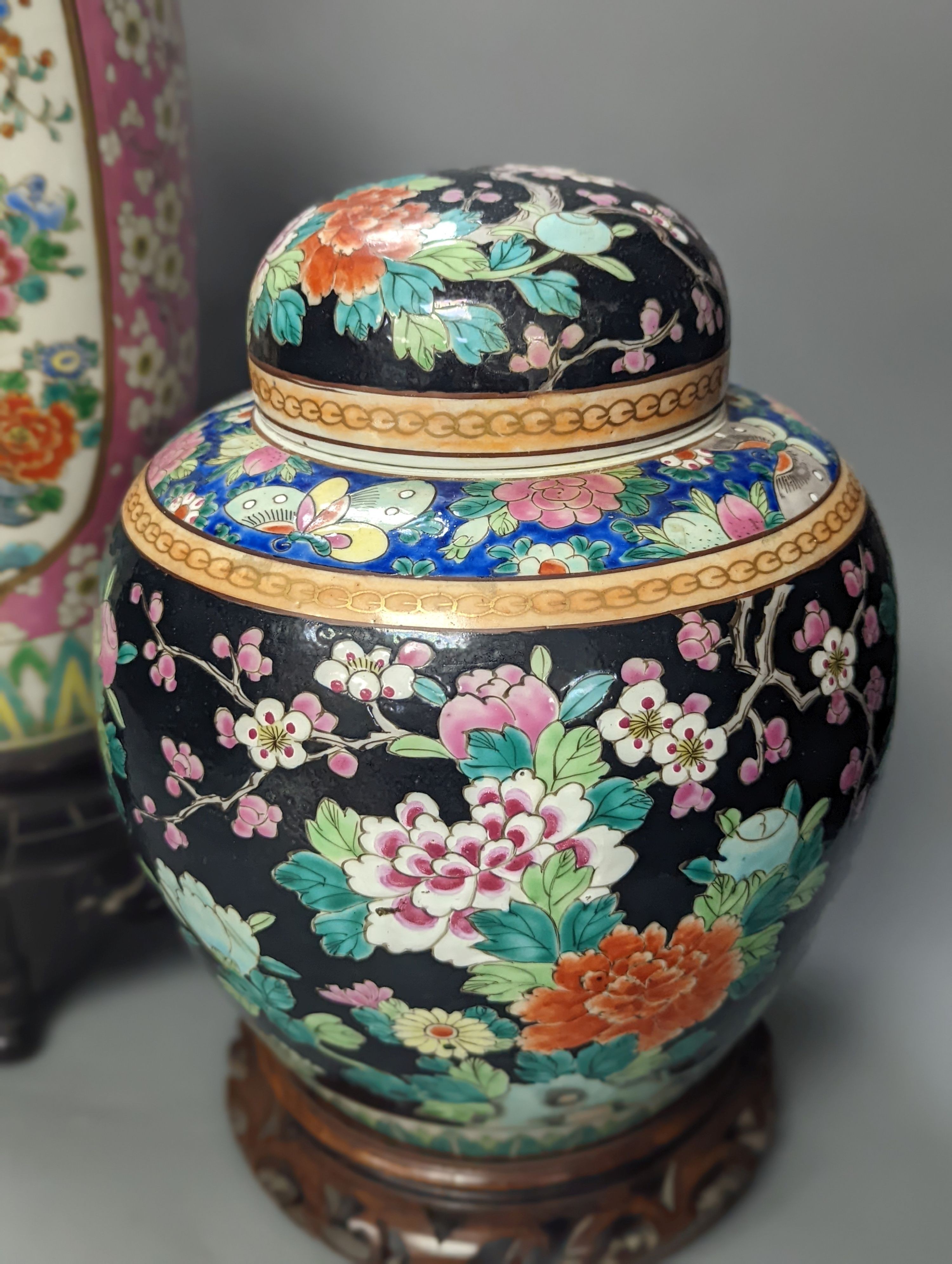 A Japanese porcelain jar and cover and a similar vase converted to a lamp, Table lamp 70 cms including stand and light fitting.